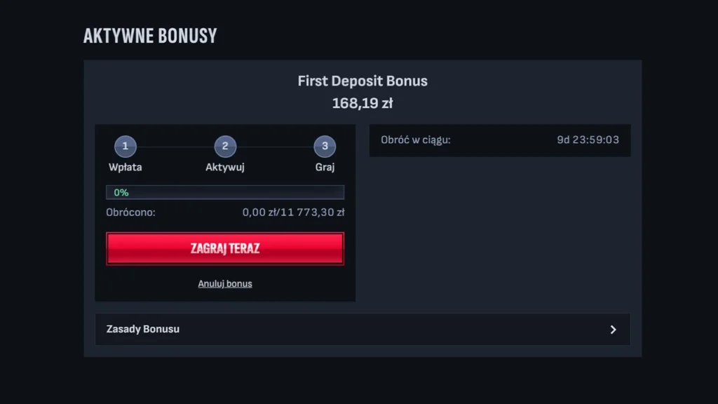 Aktywny bonus i warunki obrotu w Kasynie Mafia