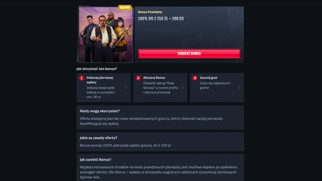 Oferta bonusu powitalnego z regulaminem w Kasynie Mafia
